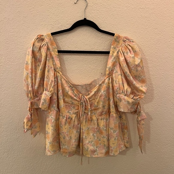 Wayf Yellow Floral Flutter Sleeve Blouse with Ruffled Peplum - Picture 1 of 4